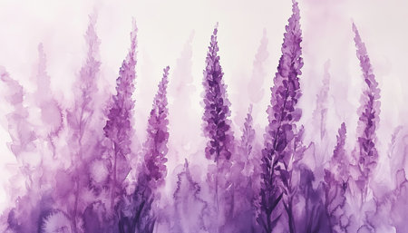 Watercolor Lilac Dreamscape A Gentle Floral Meadow Bathed in Soft Violet and Purple Hues.の素材