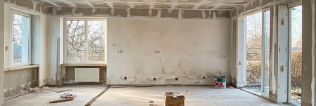 Empty Room. Renovation of Apartment with Plasterboard Gypsum Walls, Construction Siteの素材