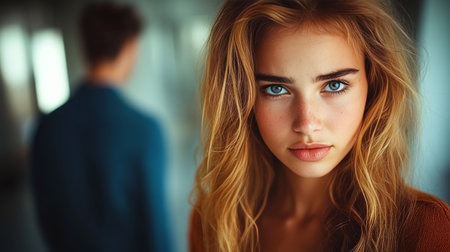 Distant Gaze Woman s Uneasiness with Blurred Figure, Alluding to Discomfort and Tensionの素材