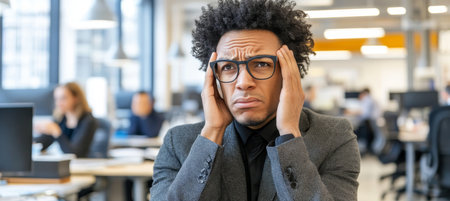 Stressed Businessman Battling A Headache While Working Overtime In A Busy Open Office Environmentの素材