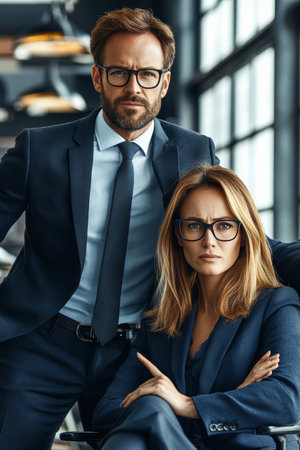 Power Dynamics Male Manager Disciplining Anxious Woman Seated, workplace authority conceptの素材