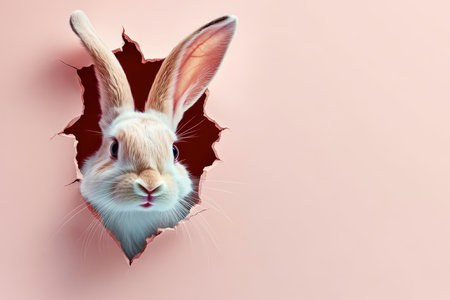 Cute Easter Bunny Peeking Through Torn Hole in Pastel Pink Wall. Festive Spring Holiday Conceptの素材
