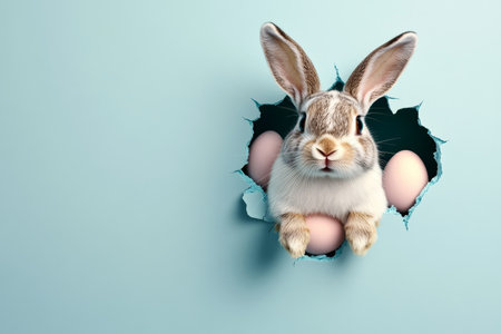 Cute Easter Bunny Peeking through Torn Paper Hole with Colorful Eggs, Isolated on Blue Backgroundの素材