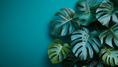 Close-up, Vibrant Green Tropical Monstera Leaves on a Solid Green Background, Minimalist Styleの素材