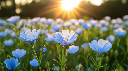 Sun-Drenched Meadow A Carpet of Delicate Blue Flowers Bathed in the Golden Light of Dawn.の素材