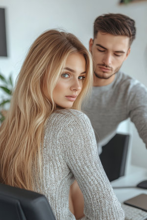 Attractive Young Woman and Man Collaborating on a Project in a Modern Office, Teamwork Conceptの素材