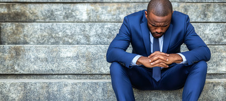 Frustrated Businessman Contemplating on Stairs A Picture of Career Challenges and Uncertaintyの素材