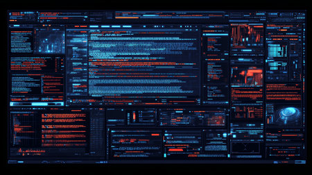 Neon Code Grid, Abstract Digital Display With Futuristic UI Interface And Software Development Codeの素材