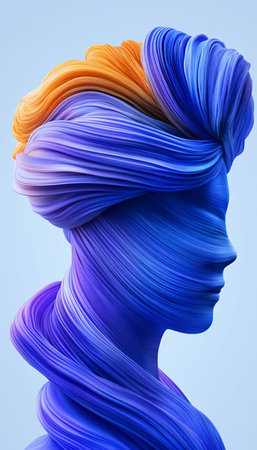 Abstract Portrait Flowing Blue and Orange Shapes, Gradient Depth, Bright Light, Clean Linesの素材