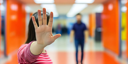 Woman, Stop, Gesture, Blurred Background, Hallway, Unease, Boundary, Modern, Professionalの素材