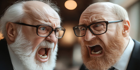 Angry Confrontation Two Senior Men in Heated Argument, Office Tension, Stressful Workplace Conflictの素材