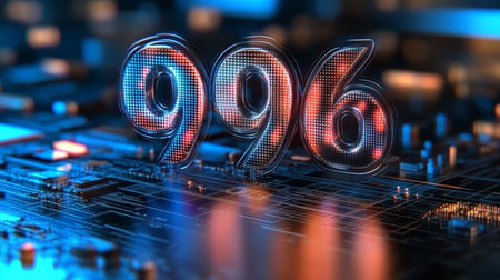 Glowing Digital Number 996 Display on Blue Circuit Board, Technology and Innovation Concept.の素材