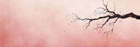 Delicate Bare Branch on a Pastel Peach Watercolor Background, Minimalist Design Elementの素材