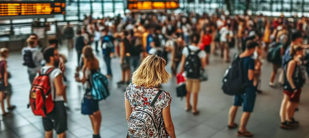 Young Woman with Backpack Navigates Crowded Airport Terminal, Rushing Travelers in Backgroundの素材