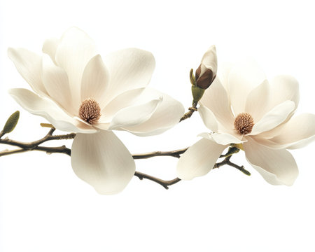 Delicate Beauty, Pristine White Magnolia Blossoms in Full Bloom, Isolated on White Backgroundの素材