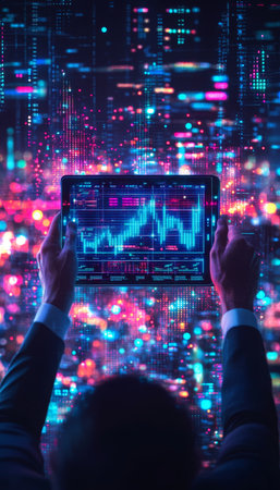 Businessman Analyzing Rising Graph on Tablet, Futuristic Cityscape Background Illustrationの素材