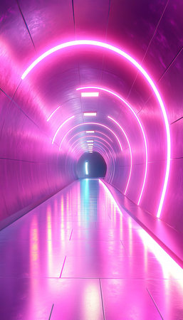Neon Tunnel, Illuminated Futuristic Corridor Background, Virtual Reality Glowing Lights.の素材