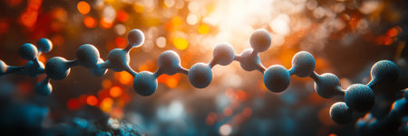 Molecule Chain With Orange Sun Background, Organic Chemistry Structure Model Illustrationの素材