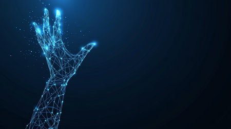 Abstract Network Connection Polygonal Hand Reaching for Glowing Dots, Technology Backgroundの素材