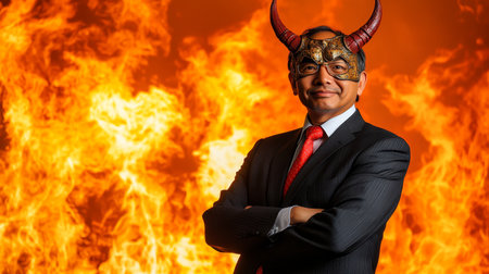 Confident Mature Businessman in Devil Mask With Horns Against Dramatic Fire Backgroundの素材