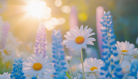 Wildflower Meadow Sunrise, Soft Focus Floral Background, Dreamy Pastel Colors, Cinematic Bloomの素材