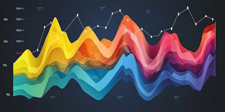 Abstract Chart Depicting Business Growth With Flowing Colorful, Curved Lines on a Dark Backgroundの素材