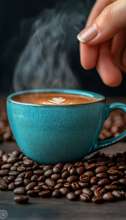 Steaming Cup of Freshly Brewed Coffee with Delicate Foam, Coffee Beans, Warm Drink Backgroundの素材