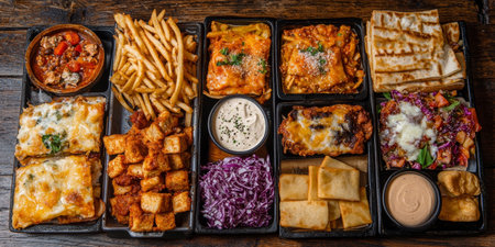 Various Vegan Dishes in a Compilation, Including Vegan Lasagna, Pizza, Salad, and Dipの素材