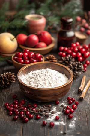 Christmas baking ingredients flour, fruits, spices, and vintage utensils on rustic wood tableの素材
