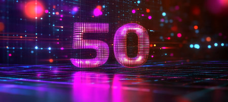 Glowing Digital Double Big 3D Number 50 In Futuristic Style On Digital Abstract Backgroundの素材