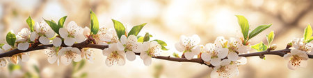 Springtime Branch with Delicate White Blossoms on a Blurred Sunny Background, Serene Nature Sceneの素材