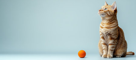 Curious Ginger Cat. Adorable Orange Tabby Sitting and Gazing Upwards, Isolated on Blue Background.の素材