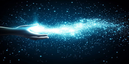 Human Hand Interacting With Glowing Particles, Network, Navy Blue Background, Vibrant Energy Flowの素材
