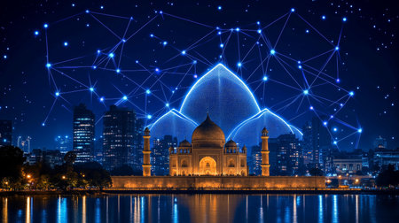 Indian Landmark in Digital Network Taj Mahal Immersed in Futuristic Blue Web, Technology Conceptの素材