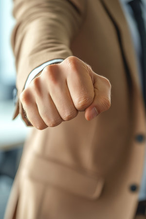 Close-up of Clenched Man s Fist, Suggesting Anger, Threat, or Determination in a Business Settingの素材