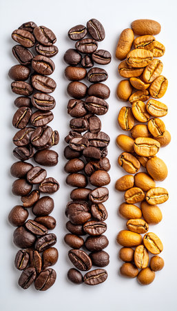 Roasted Coffee Beans Arrangement, Studio Shot, Seamless White Backdrop, Minimal Depth Of Fieldの素材
