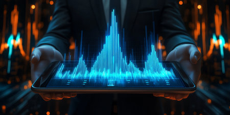 Businessman Holding Tablet, Displaying Futuristic Hologram Projection for Market Statisticsの素材