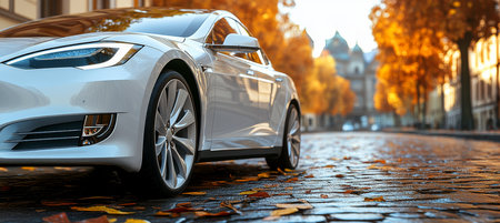 Modern Silver Electric Car Parked on Picturesque Cobblestone Street with Vibrant Autumn Colorsの素材