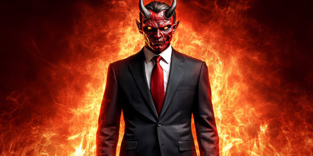 Devil in a Business Suit Red Demon With Horns Against a Backdrop of Flames, Evil Concept, Horrorの素材