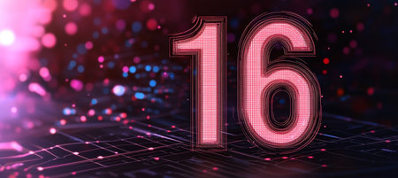 Glowing Digital 3D Number Sixteen on a Futuristic Abstract Background with Pink and Purple Lightsの素材