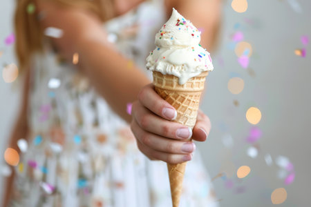 Woman Holding Ice Cream Cone with Sprinkles, Celebrating with Confetti and Bokeh Lightsの素材
