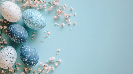 Easter Background, Blue Specked Eggs, Gypsophila, Spring Festive Banner with Copy Spaceの素材