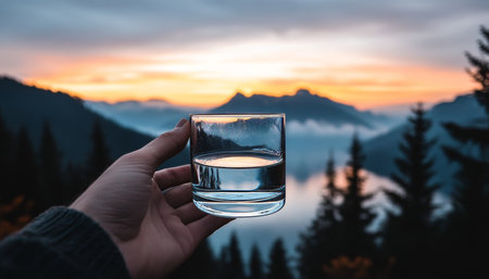 Hand Holding Glass Of Fresh Water Against Mountain Sunset View, Concept Of Purity And Refreshmentの素材