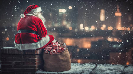 Santa Claus Taking a Break, Sitting on Rooftop Chimney with Sack of Gifts, Snowy Cityscape at Nightの素材