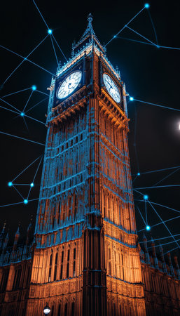 Big Ben and the Houses Of Parliament Illuminated At Night with Network, Connected London, UKの素材