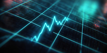 Neon Blue EKG Line on a Dark Grid Background Medical, Healthcare, and Technology Conceptの素材
