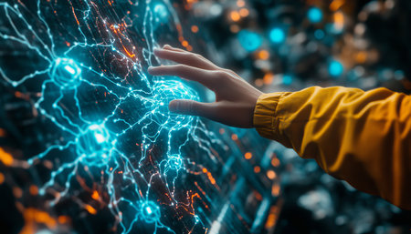 Human Hand Navigating Complex Glowing Neural Network, Futuristic Technology and Innovation Concept.の素材