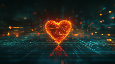 Glowing Digital Heart on Futuristic Grid Background Technology, Love, and Healthcare Conceptの素材