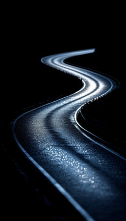 Winding Night Road, Long Exposure Light Trails, Blue Streaks On Asphalt, Dark Background.の素材