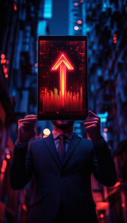 Businessman Holding Tablet Displaying Upward Arrow, Cityscape Background, Growth, Success, Futureの素材